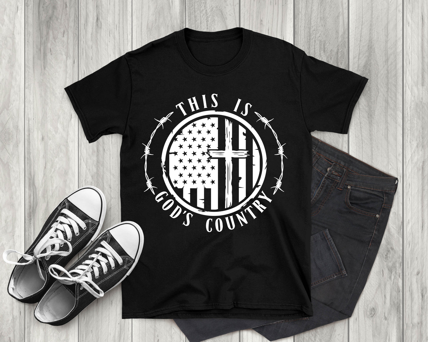 This is God's Country American Flag with Cross, Adult Unisex Short Sleeve T-Shirt