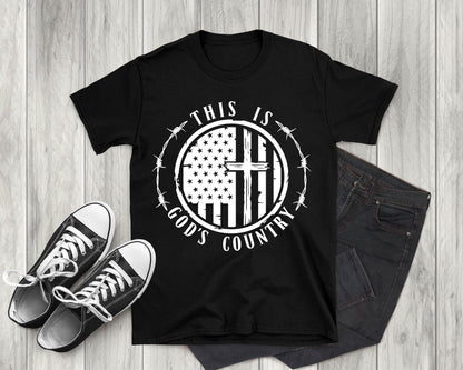 This is God's Country American Flag with Cross, Adult Unisex Short Sleeve T-Shirt