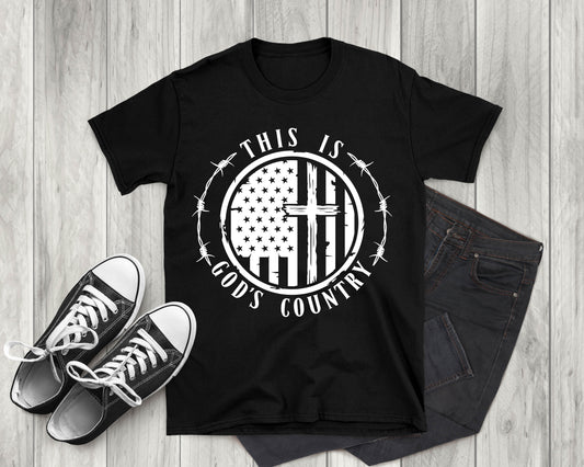 This is God's Country American Flag with Cross, Adult Unisex Short Sleeve T-Shirt