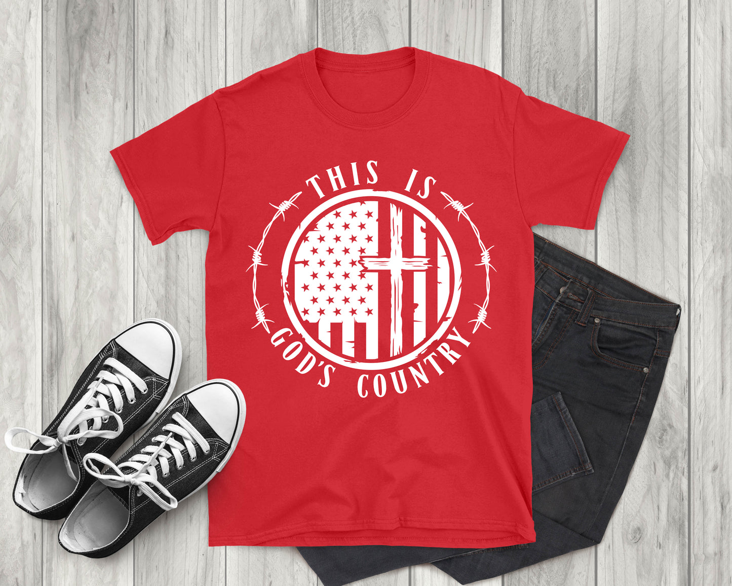 This is God's Country American Flag with Cross, Adult Unisex Short Sleeve T-Shirt