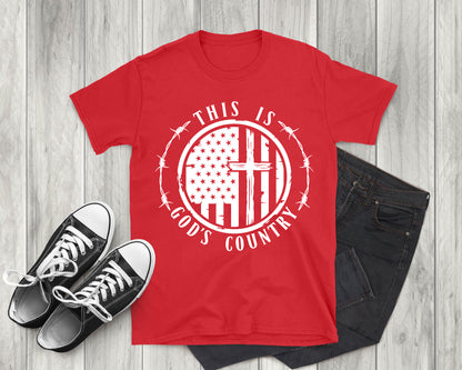 This is God's Country American Flag with Cross, Adult Unisex Short Sleeve T-Shirt