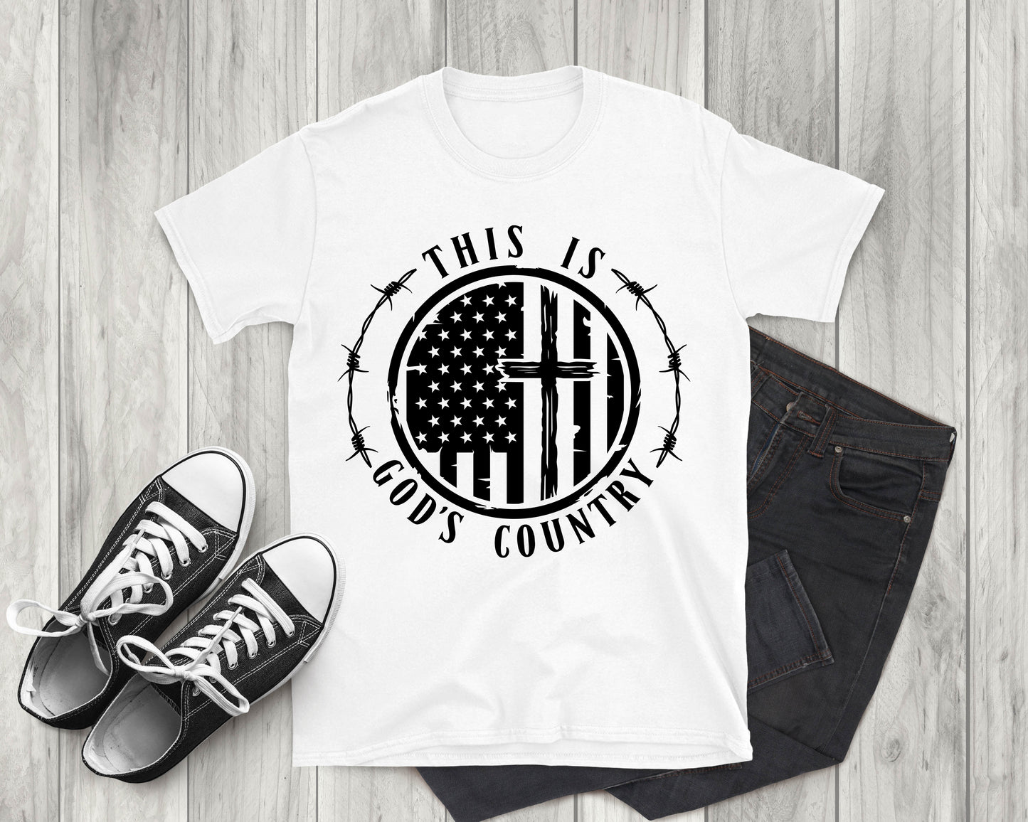 This is God's Country American Flag with Cross, Adult Unisex Short Sleeve T-Shirt