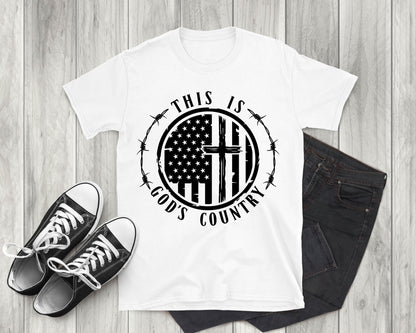 This is God's Country American Flag with Cross, Adult Unisex Short Sleeve T-Shirt