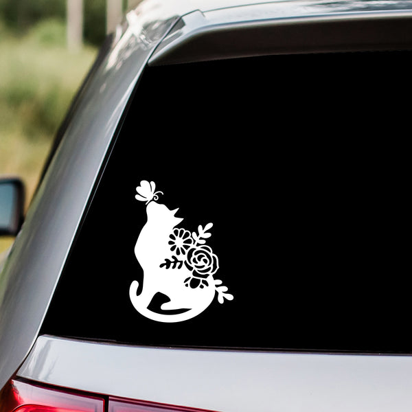 Floral Cat with Butterfly Decal Sticker